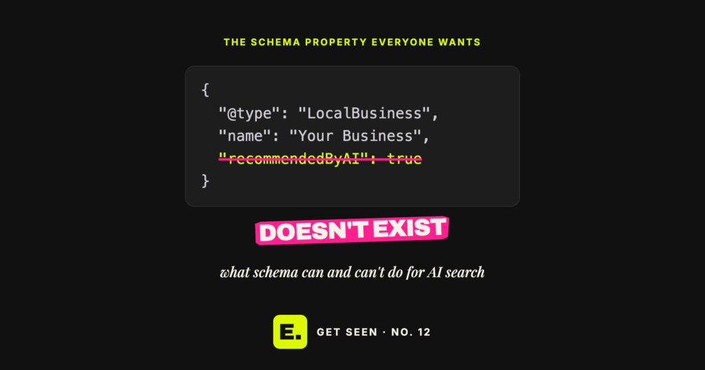 Schema markup for AI search in Singapore: a "recommendedByAI" property struck out, because it doesn't exist